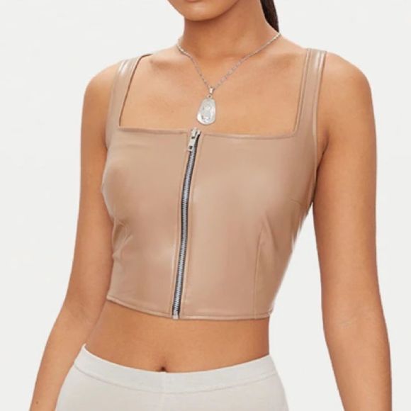 PrettyLittleThing Tops - NWT Nude Faux Leather Zip Front Crop Top